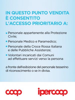 COOP e IPERCOOP - accesso prioritario a Protezione Civile, Medici, Paramedici e altre categorie